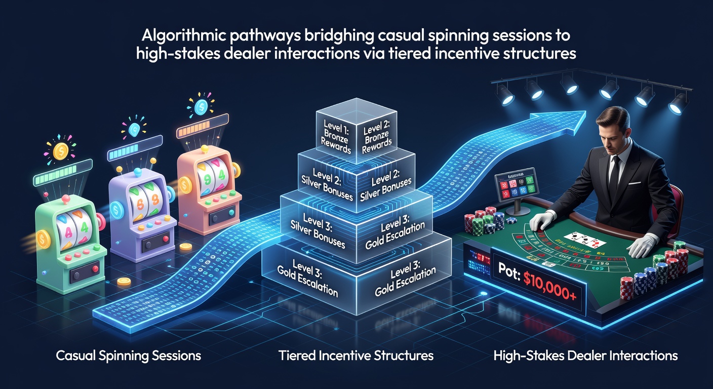 Diagram showing algorithmic pathways from slot reels through tiered rewards to live dealer tables