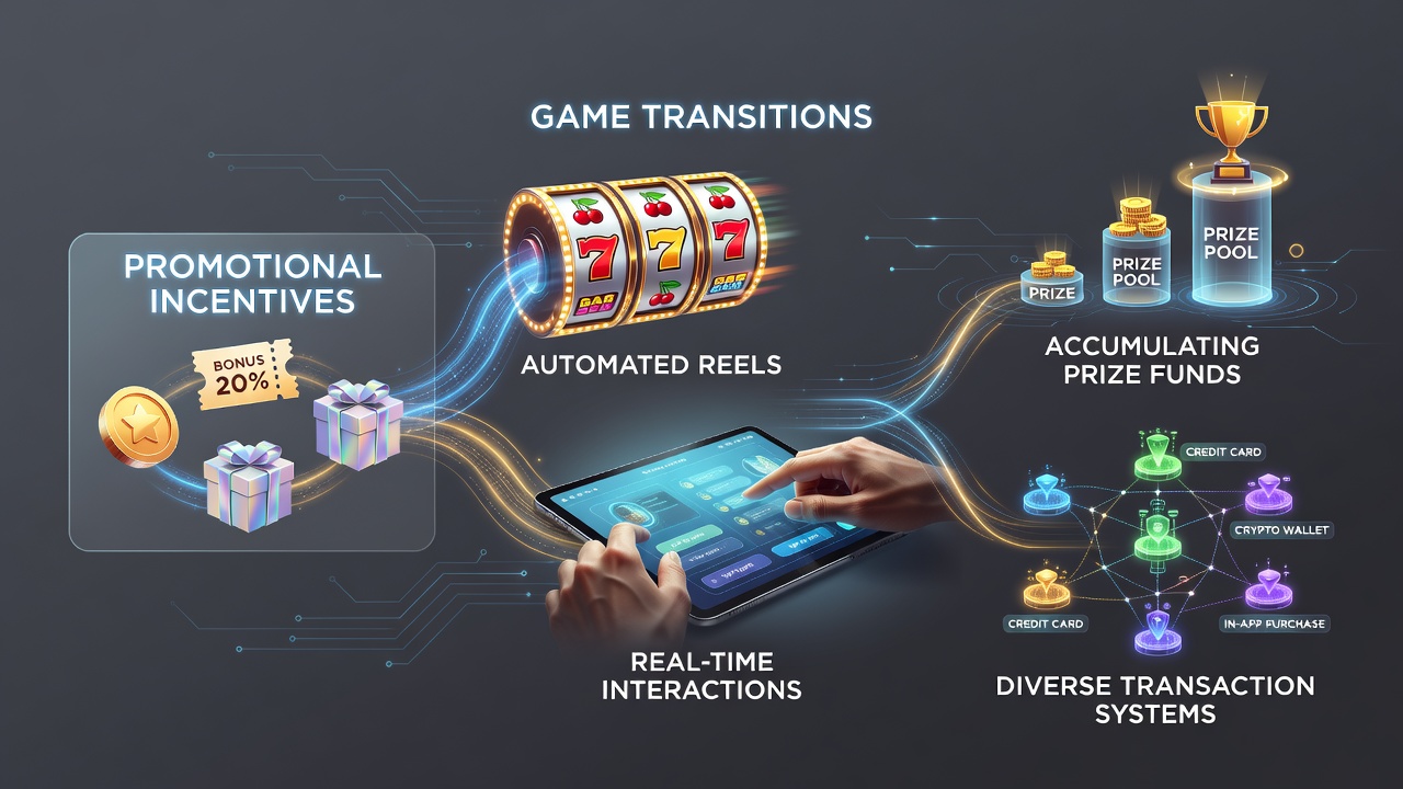 Visual representation of promotional incentives linking automated slot reels to live dealer tables and growing prize pools via multiple transaction methods