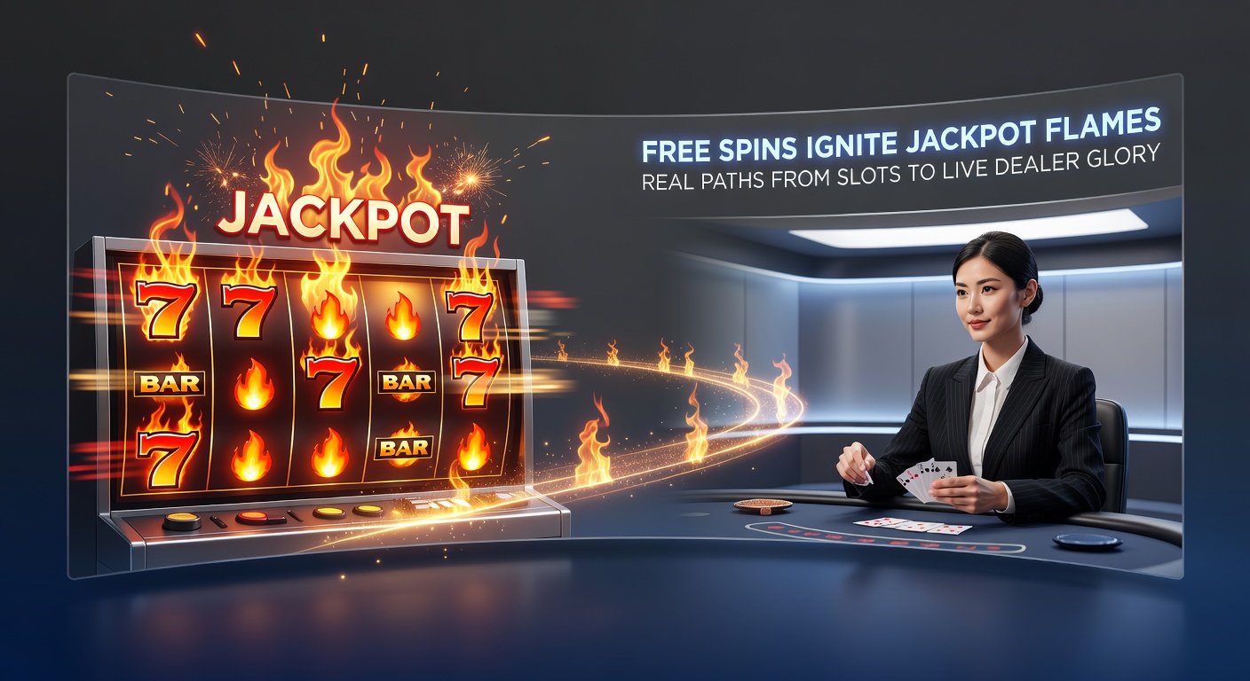 Live dealer table with roulette wheel spinning, cards dealt under bright lights, players' chips stacked high beside a glowing slot jackpot screen in split view