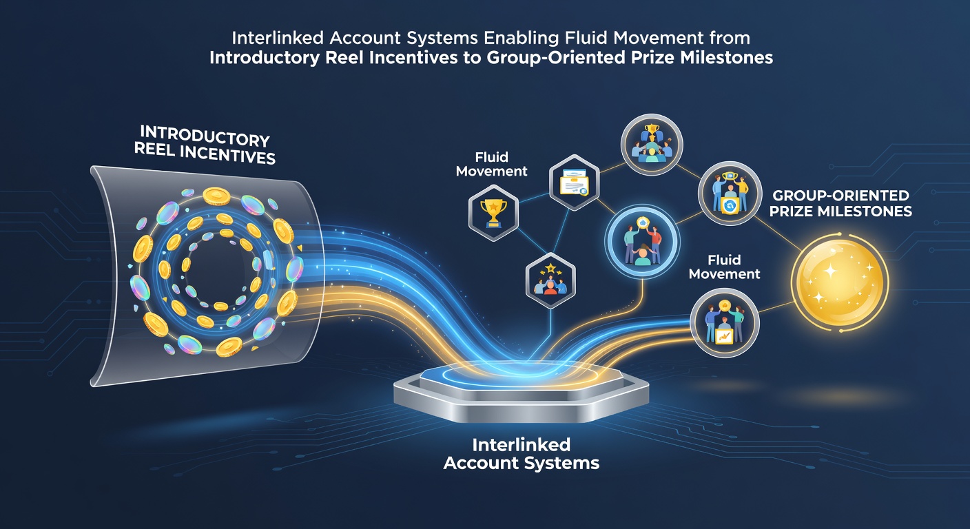 Interconnected gaming platform interface showing account progression from slot reels to group prize pools