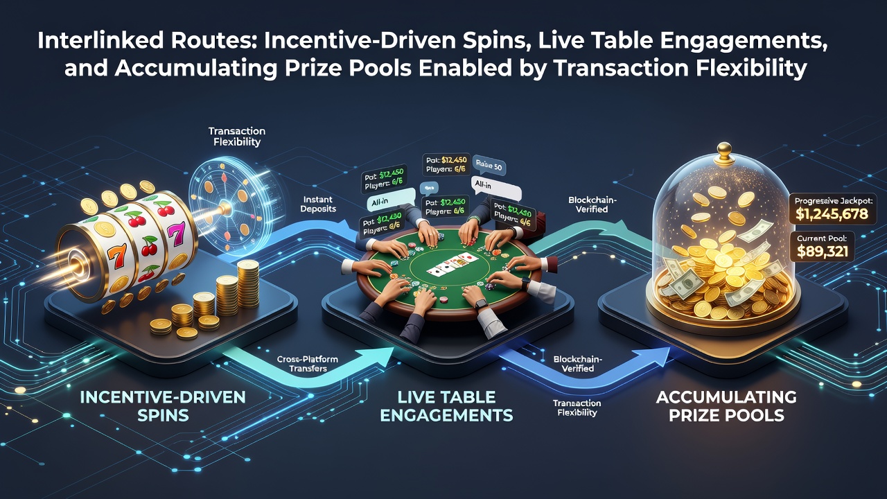 Illustration showing connected pathways between slot machines, live dealer tables, and growing prize pools through flexible payment systems