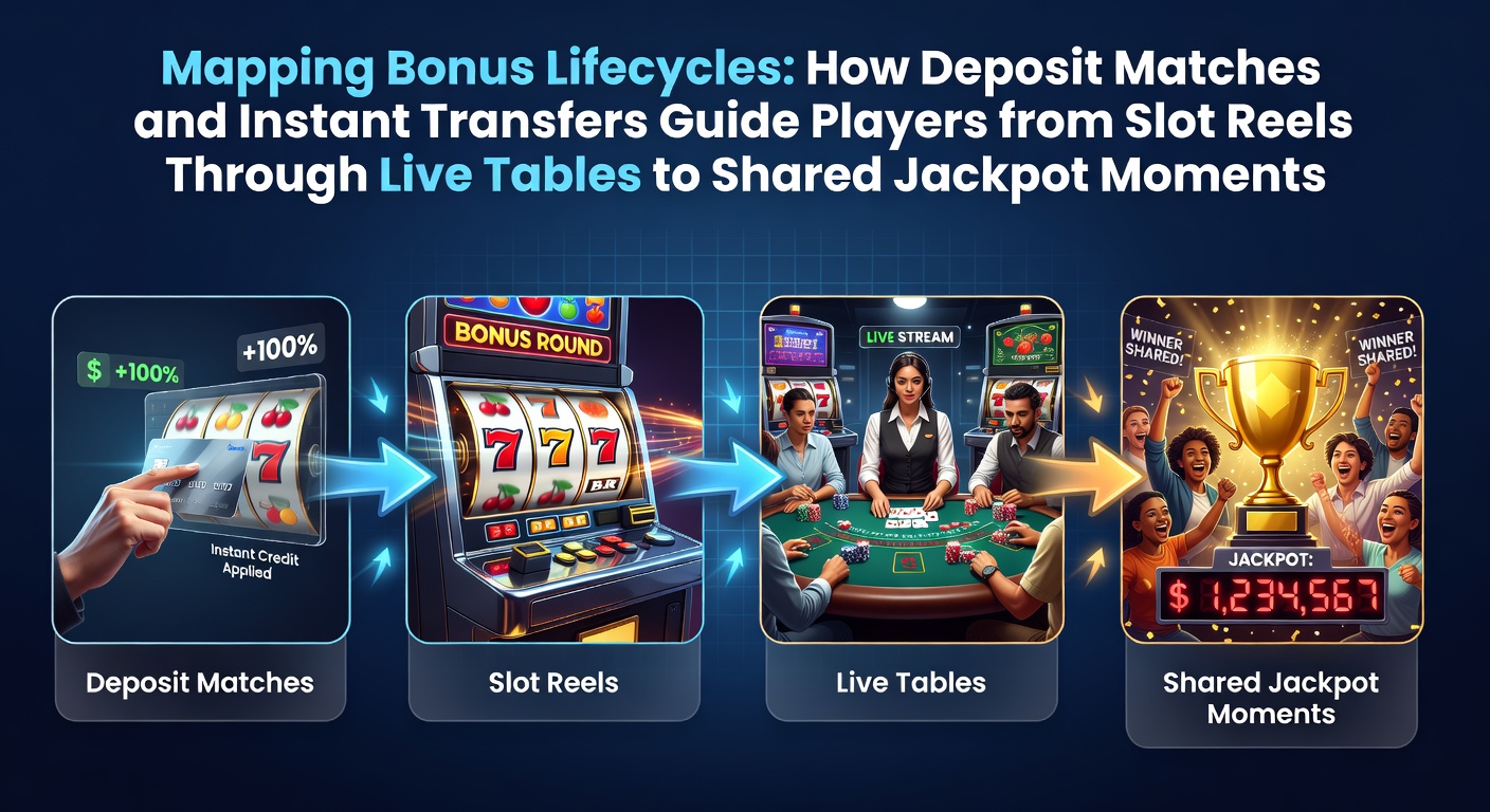 Diagram showing player progression through deposit matches, instant transfers, slot reels, live tables, and shared jackpot moments in online gaming platforms