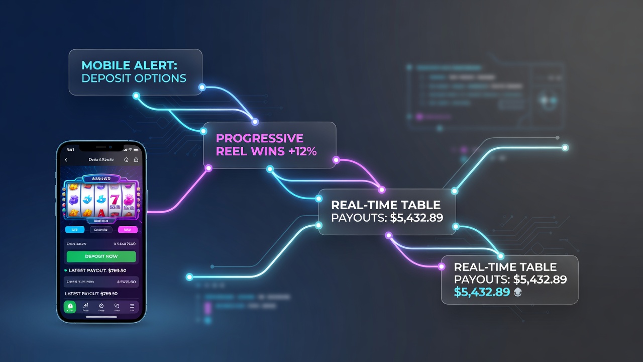Real-time table game payout notifications arriving via mobile alert chains after progressive reel activity