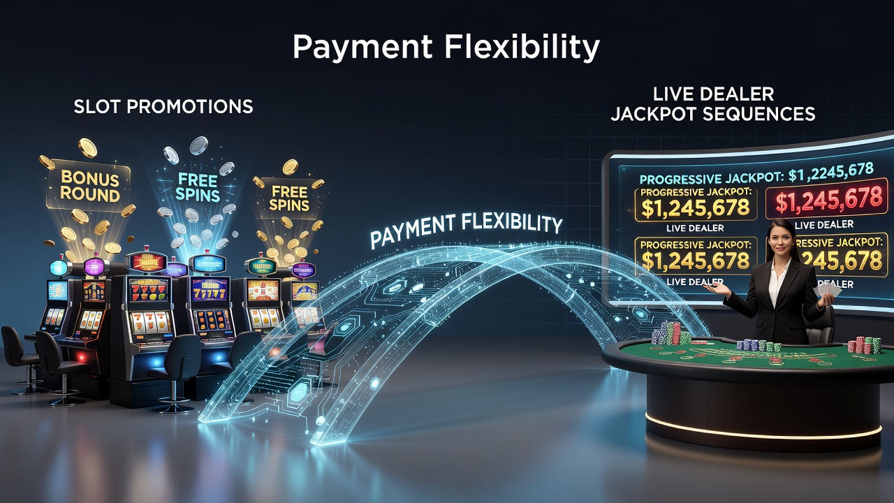 Visual representation of flexible payment options linking slot promotions to live dealer jackpot sequences in online gaming platforms