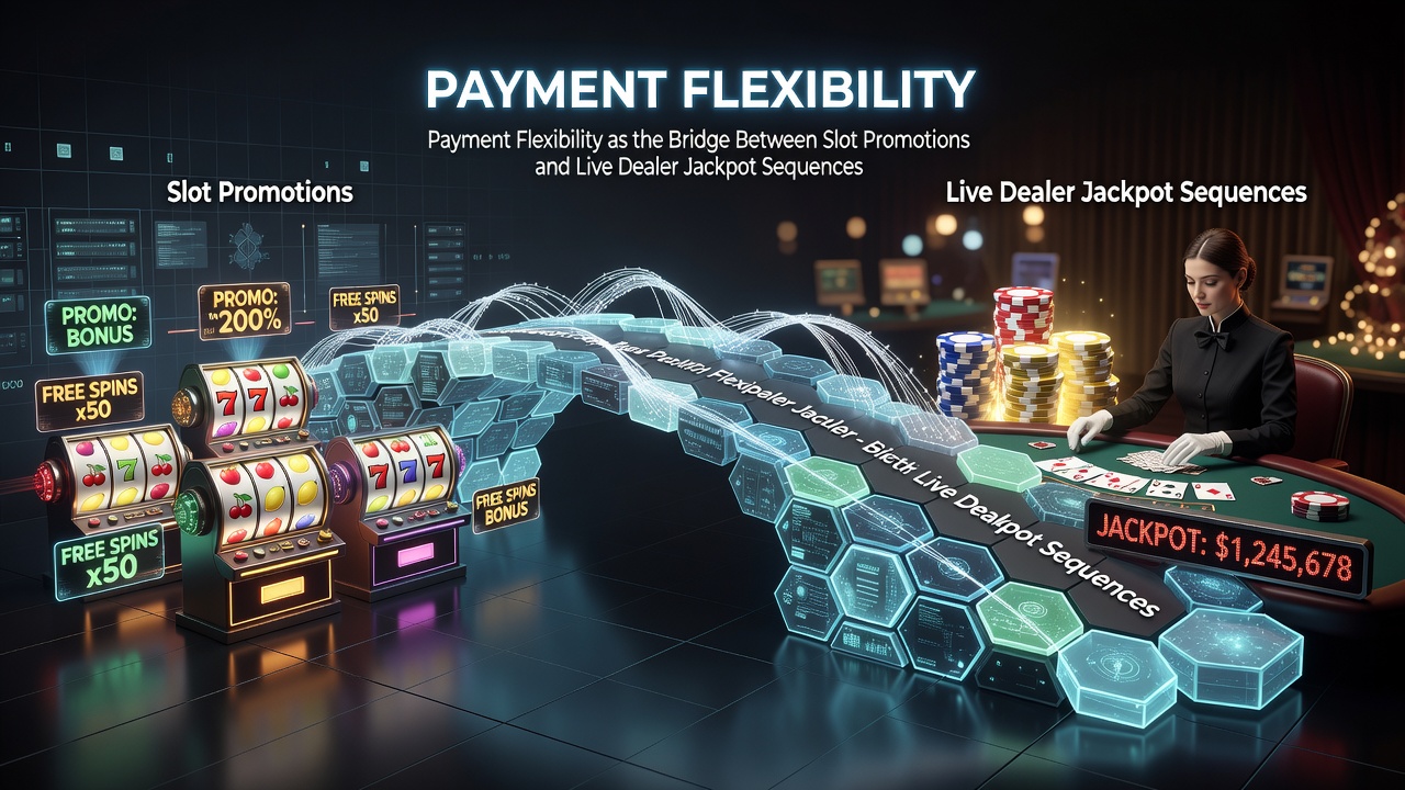 Diagram showing transaction flows from slot bonus credits through flexible payment gateways to live dealer jackpot participation