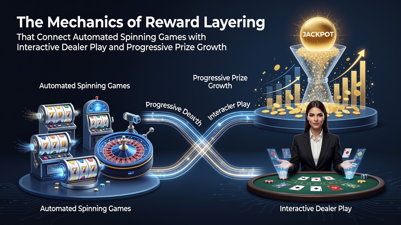 Diagram showing layered reward pathways from slot machines to live dealer tables with progressive jackpot connections