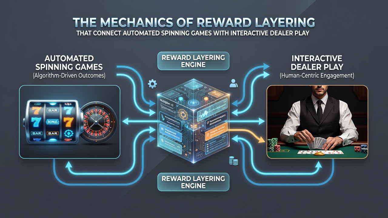 Illustration of progressive jackpot meters increasing as players move between spinning games and live dealer tables