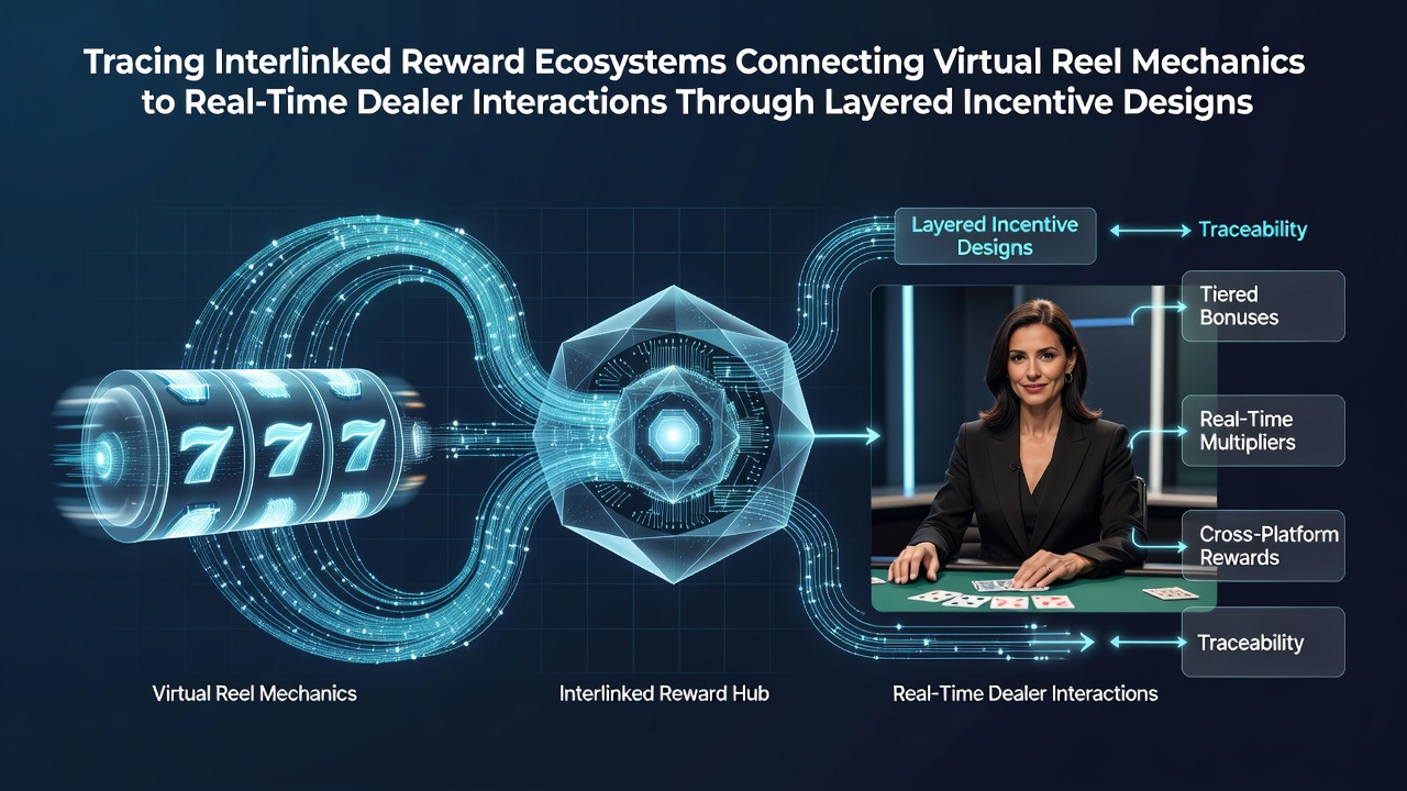 Illustration of interconnected reward pathways linking virtual slot reels to live dealer tables through tiered bonuses and loyalty structures